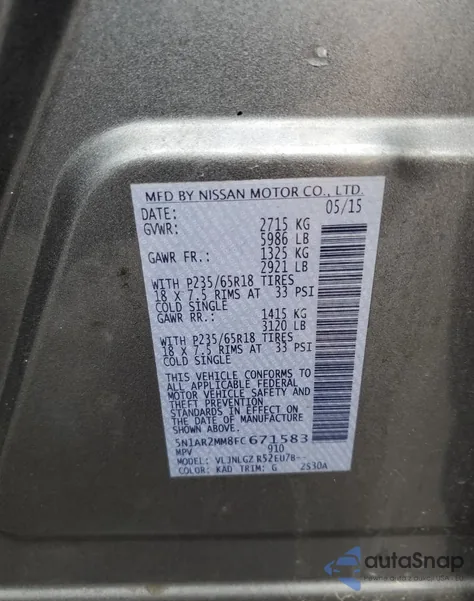 2015 Nissan Pathfinder S z USA, uszkodzony, nr VIN 5N1AR2MM8FC671583